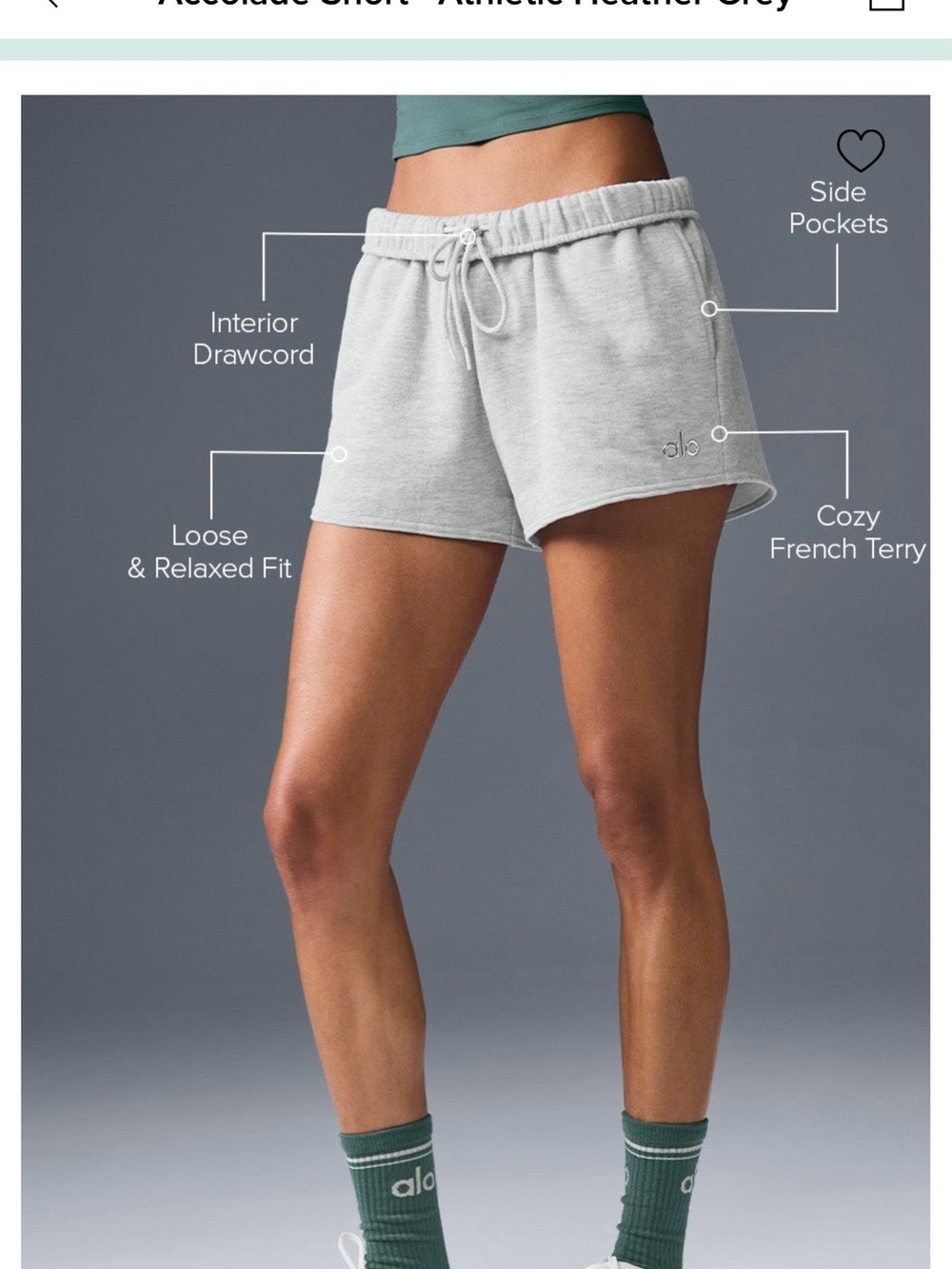 ALO Yoga Grey French Terry Athletic Shorts with Drawcord